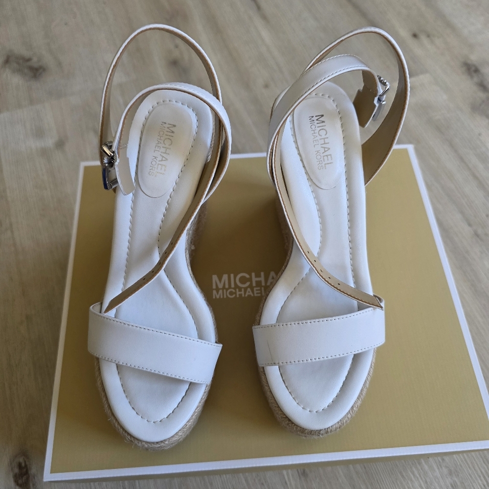 Michael Kors Leighton Wedge Leather Sandals Women's Size 5M Optic White - Picture 2 of 6